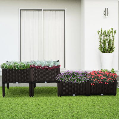 Boîte à fleurs surélevée en plastique 4 pièces avec pieds, arrosage automatique pour légumes, herbes, fleurs, contenant en plastique brun