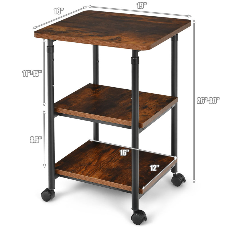 Brown Adjustable 3-Tier Rolling Printer Cart with Steel Frame