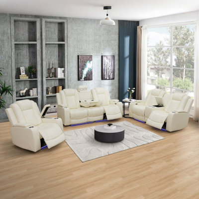 Modern 3-Piece Leather Recliner Set With USB, LED Accents & Wireless Charging Console