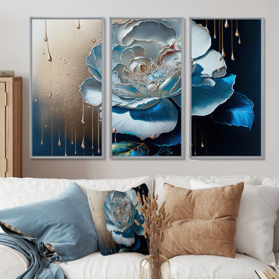 " Vibrant Blue Camellia Flower II " 3 - Pieces