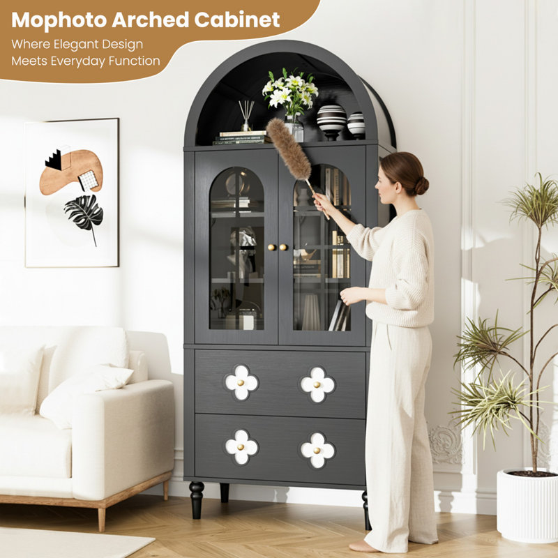 Arched Display Cabinet with Glass Doors, 4-Tier Storage Cupboard, Black Wood