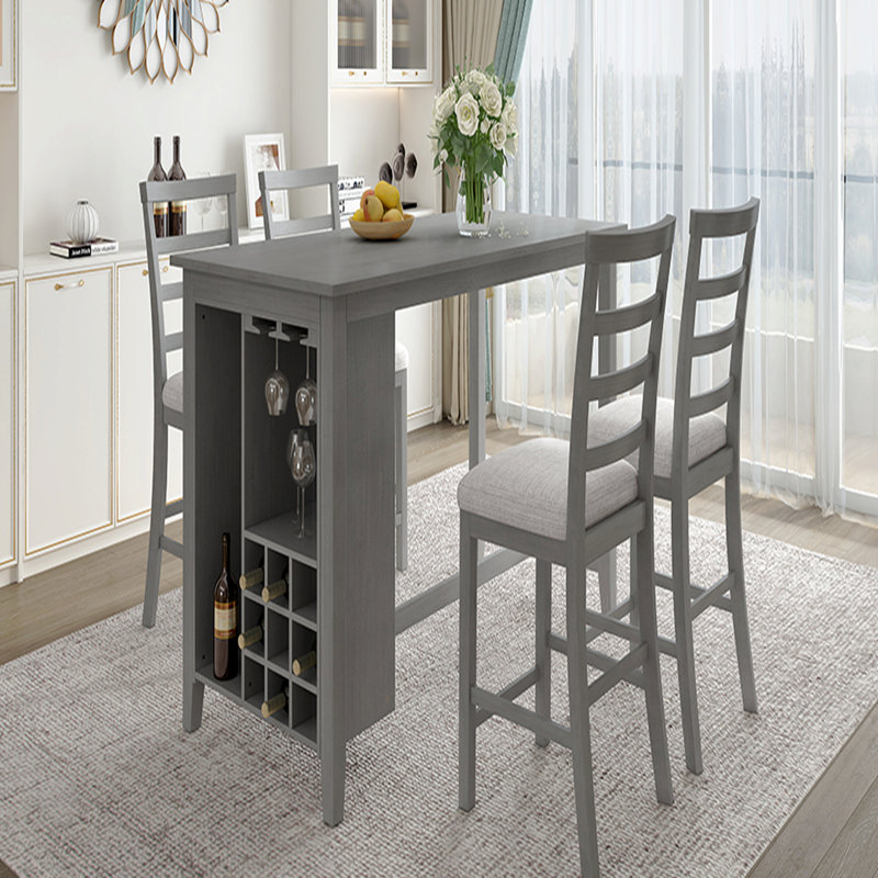 Ensemble de salle à manger 5 pièces multifonctionnel en bois d'hévéa à hauteur de comptoir avec chaises rembourrées et compartiment à vin intégré à 9 bars, porte-verres à vin