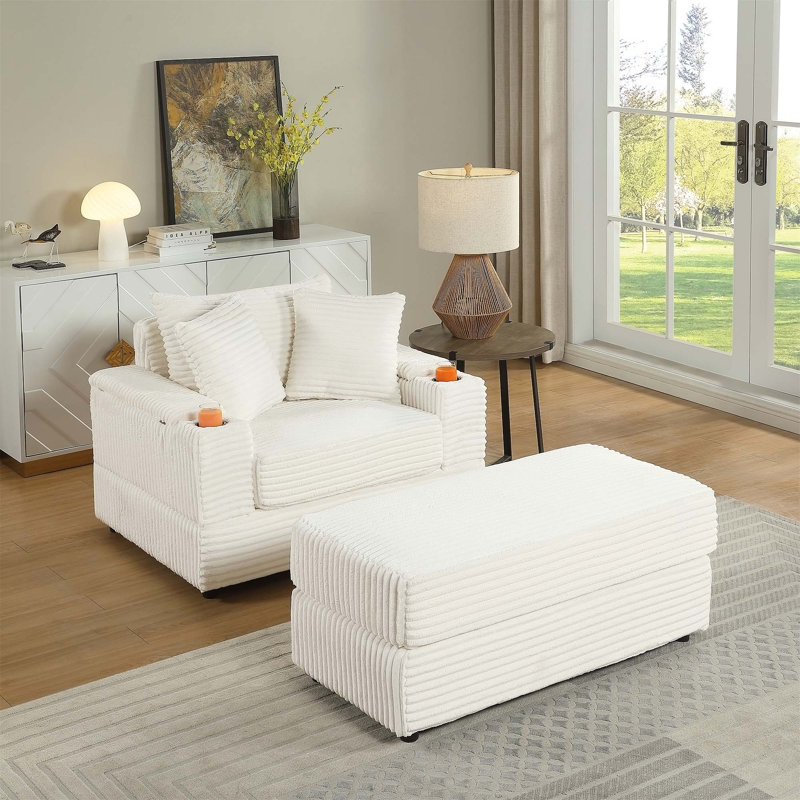 Canapé Comfy à assise profonde avec 2 coussins décoratifs et repose-pieds pour un confort et un style de salon ultimes, Beige
