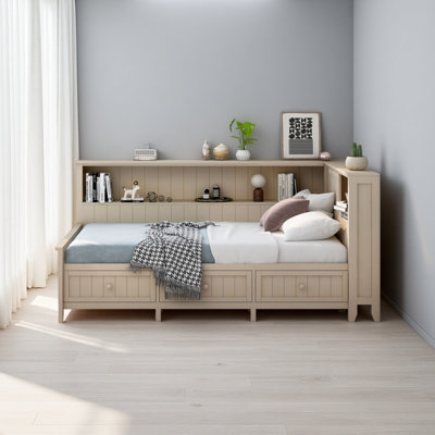 Lit de jour en bois avec tablettes de rangement et 3 tiroirs
