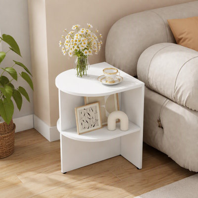 White semicircle side table with open shelf and foot pads for small spaces living room bedroom office