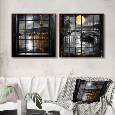 Jaune nuit pleine lune parisienne I - Art mural de la ville de Paris - décoration murale traditionnelle 2 pièces