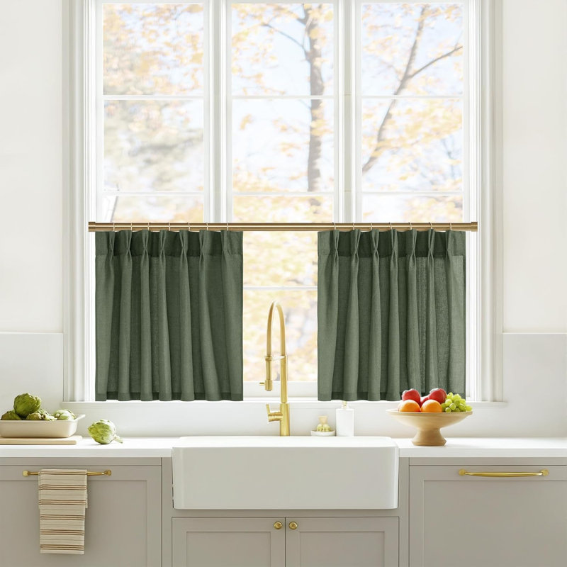 Pinch Pleated Linen Valances for Windows, 2 Panels Set Farmhouse Light Filtering Small Sheer Curtains for Cafe Bar Kitchen Over Sink Christmas Decor