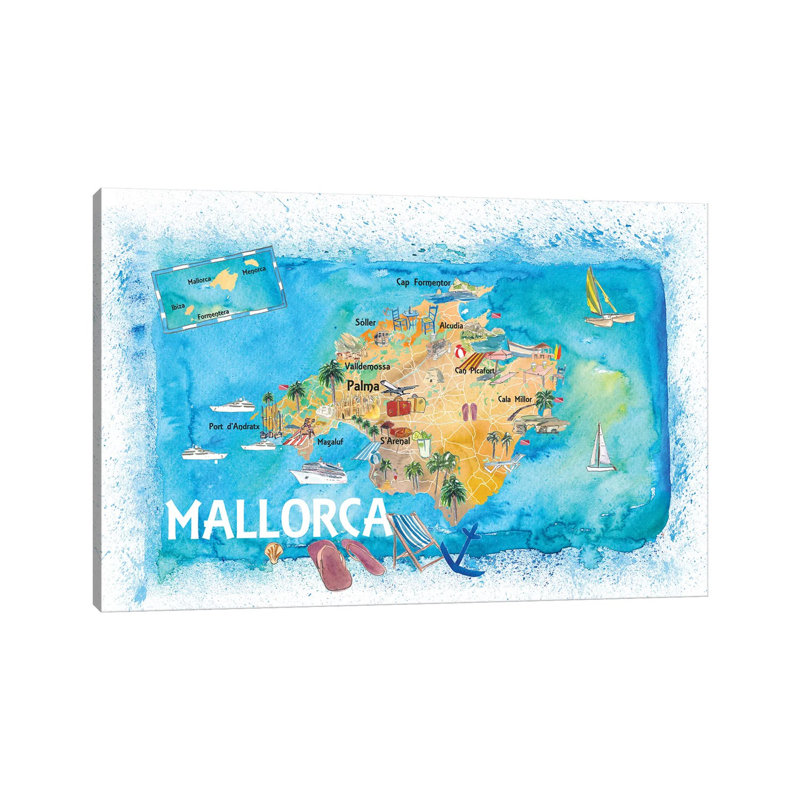 Mallorca Spain Illustrated Map With Landmarks And Highlights by Markus & Martina Bleichner - Painting on Canvas