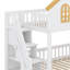 Lit superposé de style maison avec toit, fenêtre, porte, escalier de rangement et lit gigogne