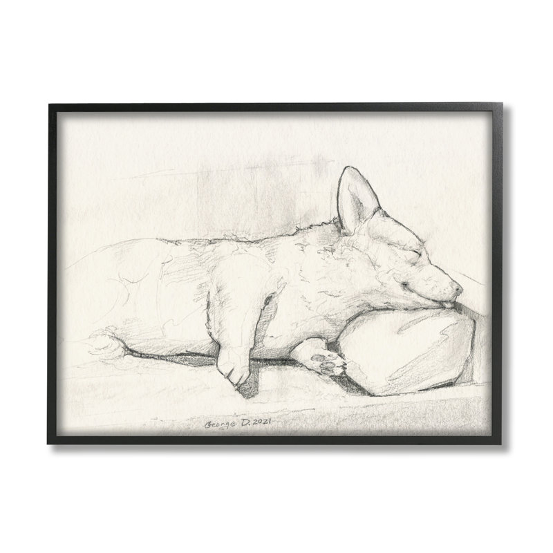 «Corgi Dog Lolling Tongue Graphite», ensemble de giclées, art texturé par George Dyachenko, L 30 po x H 24 po