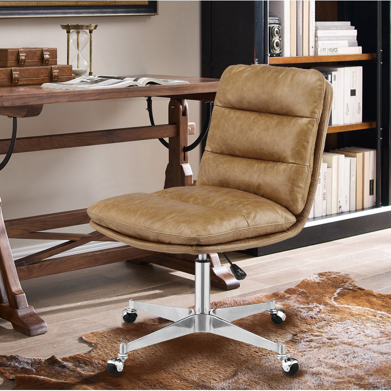 Paynesville Swivel Office Task Chair with Wheels, Brown, Genuine Leather