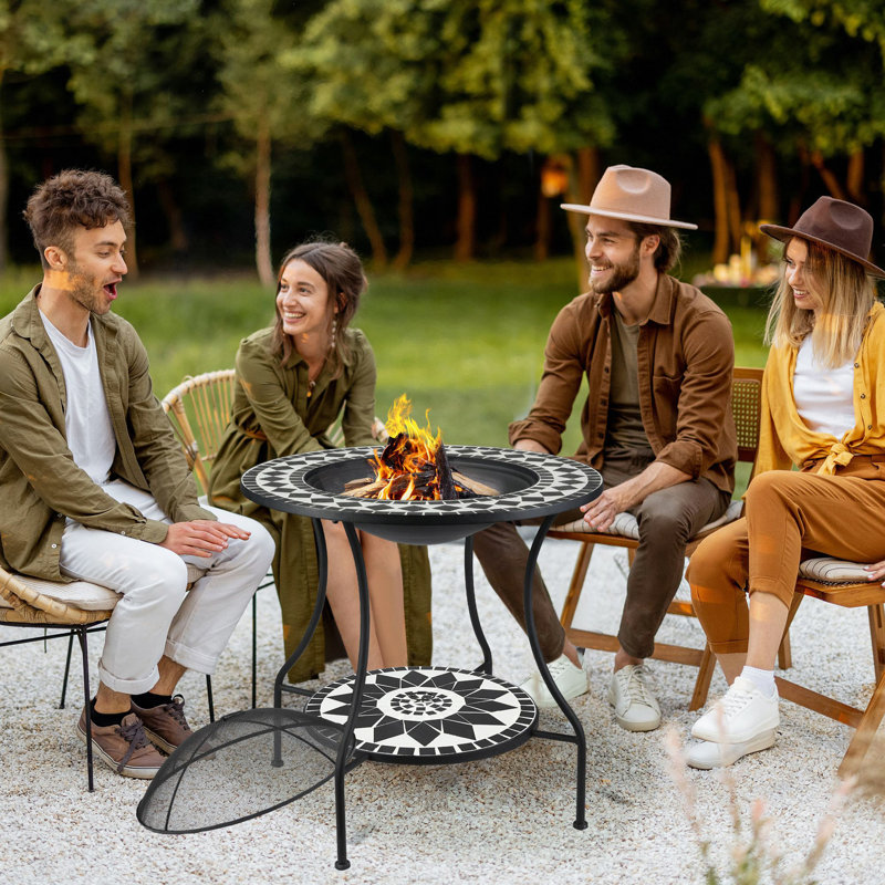 30" Outdoor Fire Pit Dining Table, 3-In-1 Round Wood Burning Fire Pit Bowl, Patio Ice Bucket With Storage Shelf, Spark Screen Cover For BBQ, Bonfire, Camping
