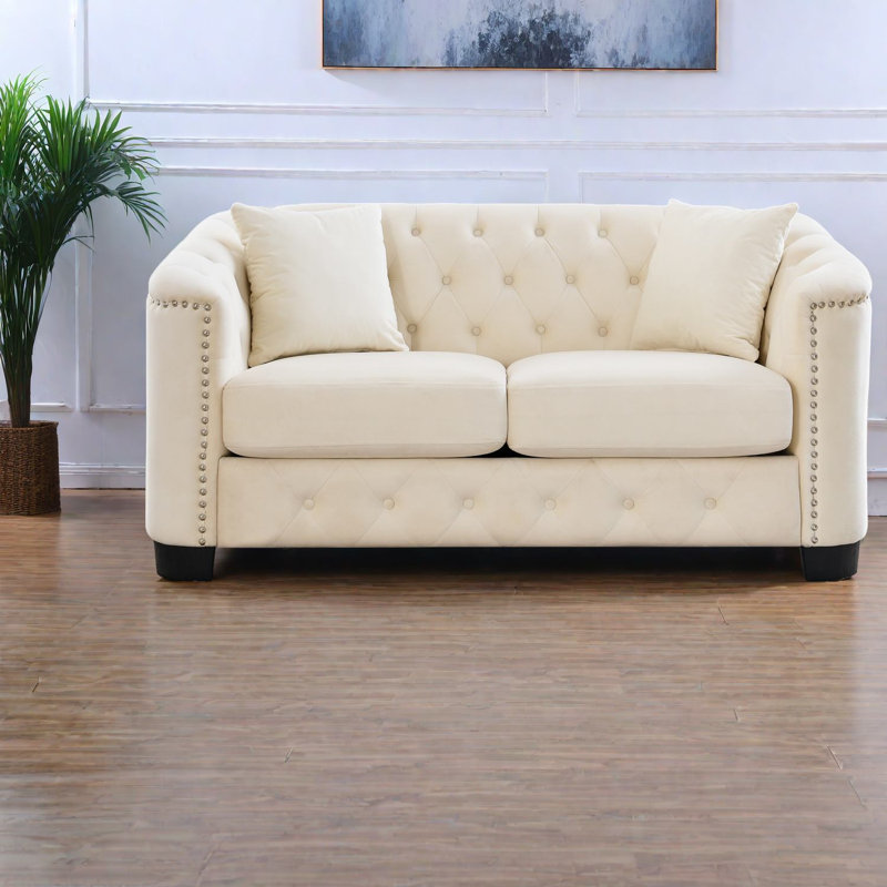 Canapés à compression, 59 po. Chesterfield moderne en velours beige pour la maison