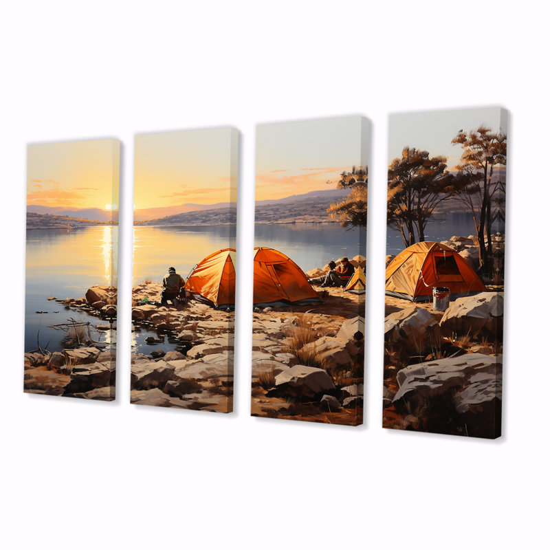 «Camping by the Lake Haven I - Camping Travel», art mural 4 pièces, H 32 po x l 64 po