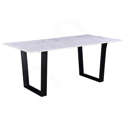 Table de salle à manger rectangulaire moderne avec plateau en marbre, base en métal robuste, noir / blanc