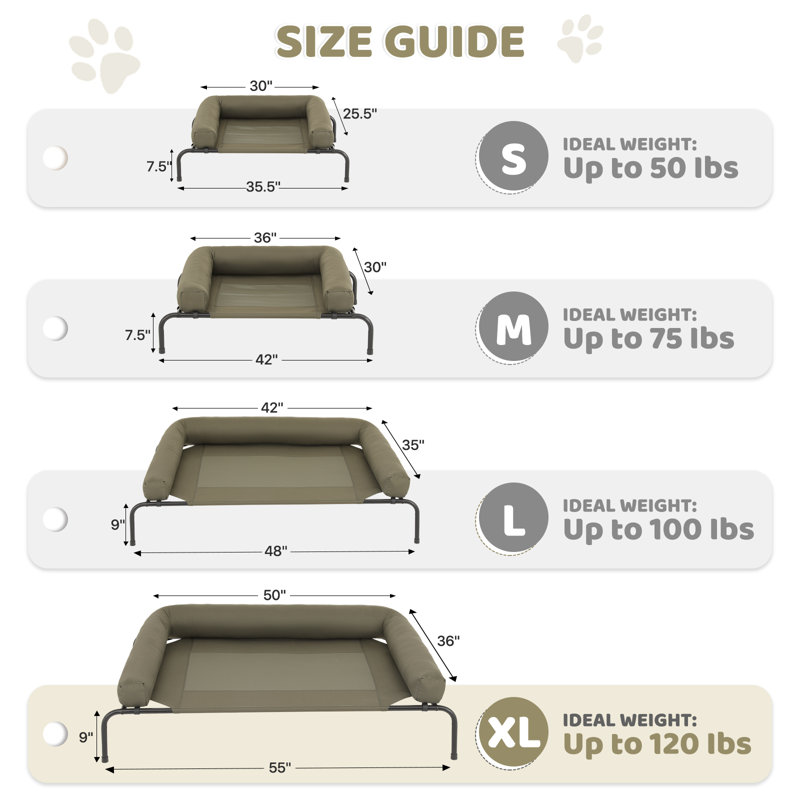 Portable Elevated Pet Bed Dog Cot Bed With Removable Bolster, Extra Small (35.5" W x 25.5" D x 7.5" H), Dark Green