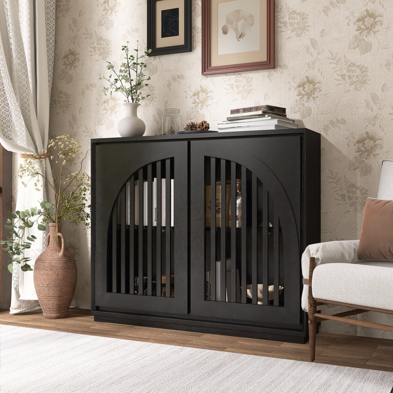Mid Century Modern Sideboard With Slatted Doors, Black