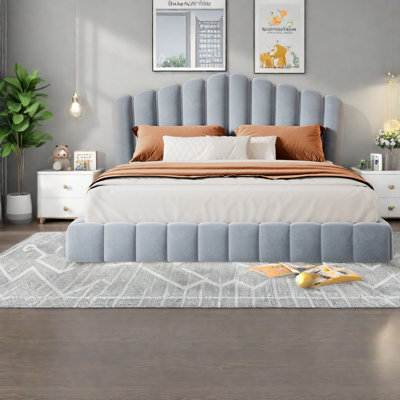 Modern Velvet Queen Bed, Light Blue Upholstered Frame With Shell Headboard For Bedroom