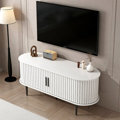 Meuble télé, console de télévision moderne de 47 po avec compartiment de rangement et porte coulissante, meuble audio-vidéo avec meuble pour salon, chambre à coucher, bureau (couleur BLANC)