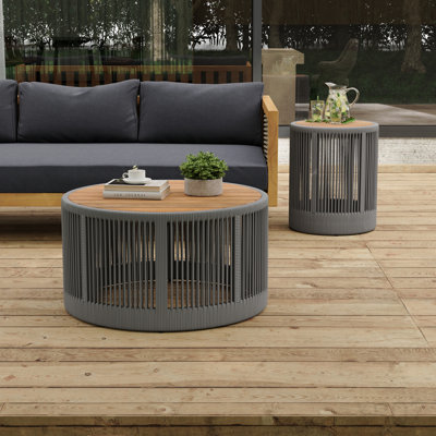 Rustic Industrial Table Set, Coffee Table & Side Table With Woven Rope Design, Modern Functionality Stylish Table Set For Living Room And Home Decor-Rope Grey
