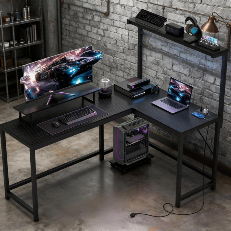 Bureau en L avec prises de courant, lumières DEL, support pour écran et tablette pour unité centrale, Noir / Noir
