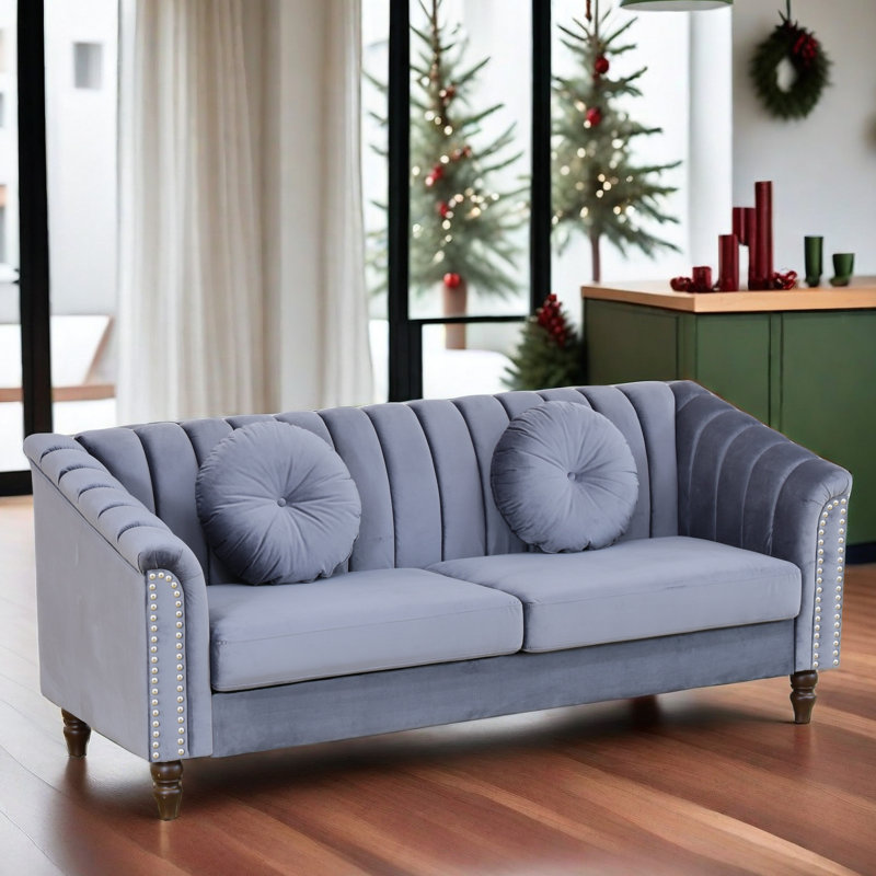 Mikole Upholstered Sofa, Gray Velvet, 31" H x 75" W x 31" D