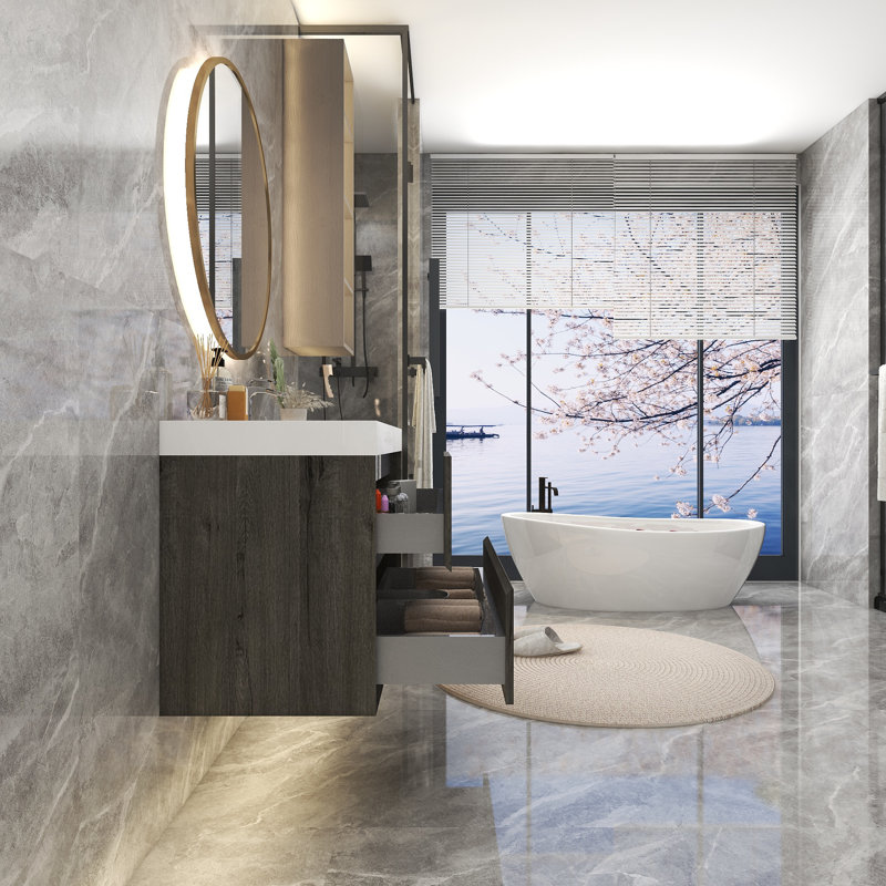 Ensemble de meuble-lavabo simple mural 42 po, Chêne fumé