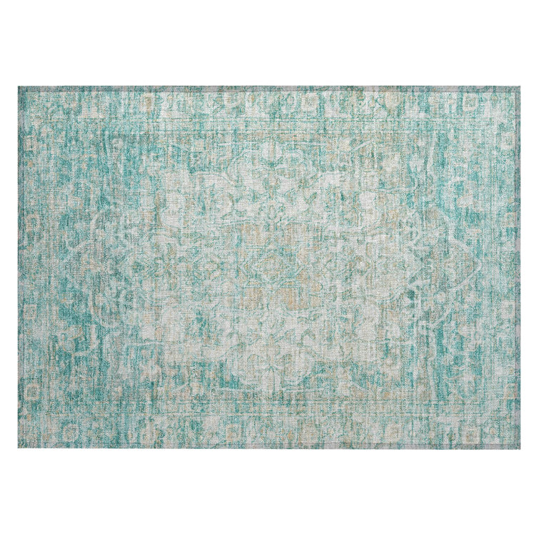 Machine Washable Indoor/Outdoor Xhevrie Teal Rug