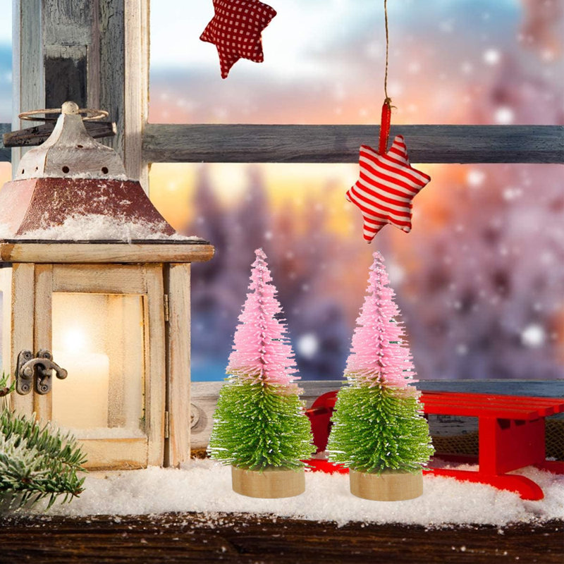 Mini arbre de Noël 4 pièces, arbre de Noël de table 4,13 pouces avec base en bois,, Rose / Vert