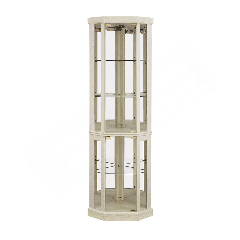 Vitrine d'angle lumineuse avec tablettes réglables, dossier en miroir et éclairage intégré pour une présentation élégante.