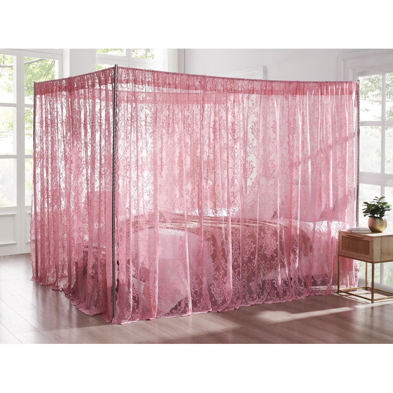 8 Piece Rose Pink Lace Canopy Bed Curtains Set With Tie-Backs for Queen or King Bed, Rose Pink