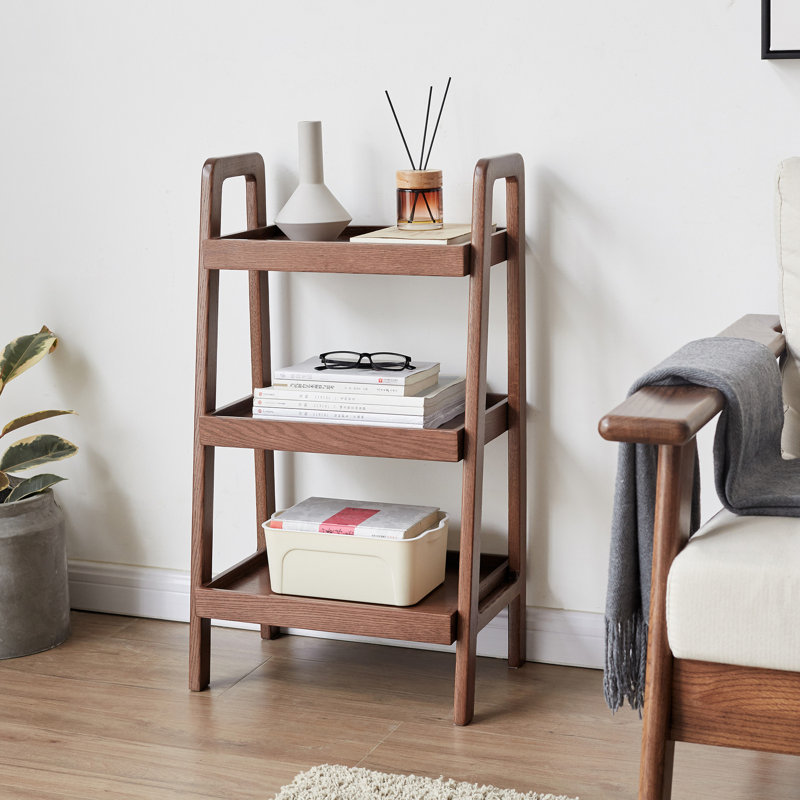 Étagère en chêne à 3 niveaux, couleur noyer, présentant des objets de collection en chêne, solution de rangement, couleur, petits espaces