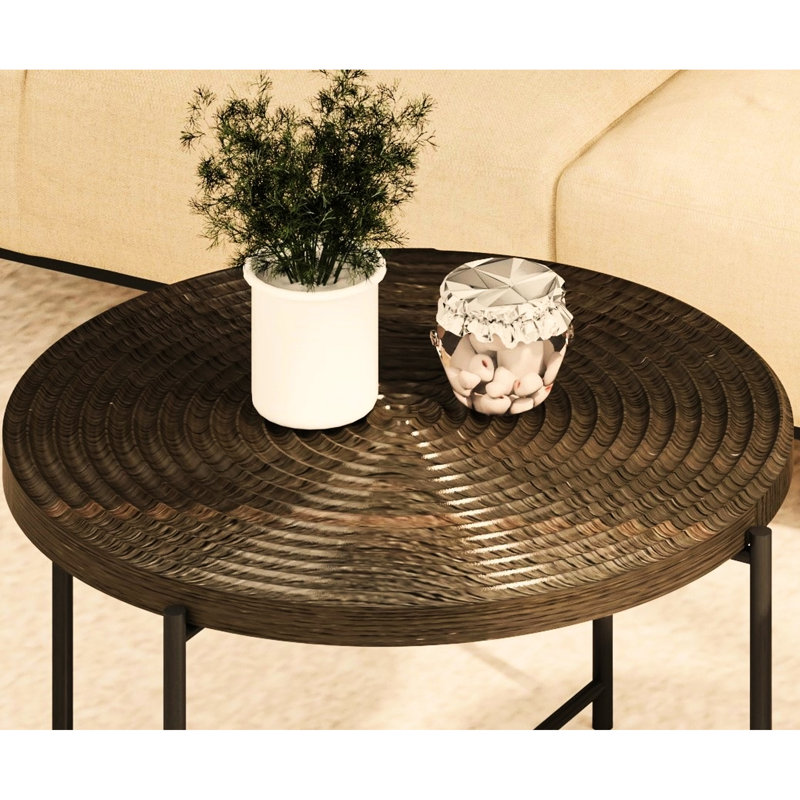 2 Table Collection - Dark Walnut, Waterproof , , Black Metal Legs Distressed Cylindrical Design Coffee And End Walnut Color, & Stable