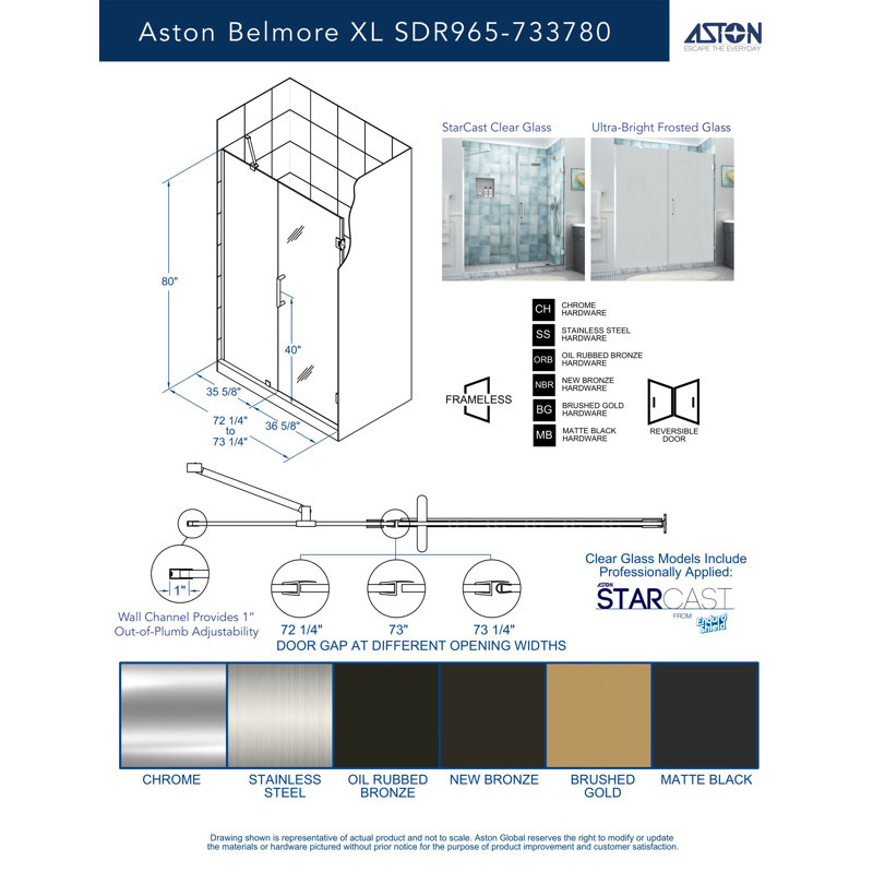 Belmore XL 72.25 - 73.25 in. W x 80 in. H Frameless Hinged Shower Door with StarCast Glass, Matte Black, Frosted Glass
