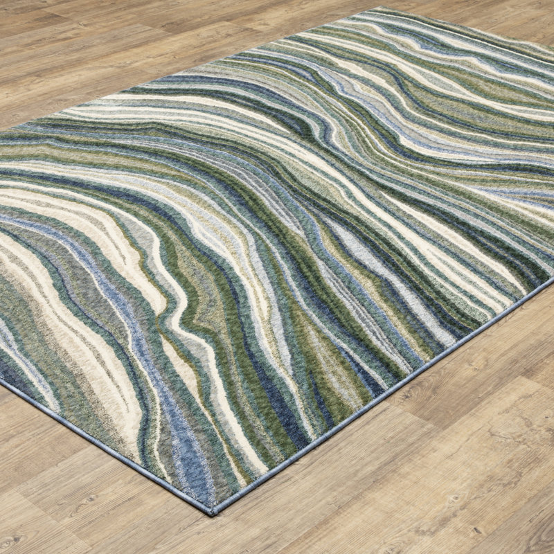 Tapis vert / bleu à vagues abstraites Holub, Rectangle 5 pi 3 po x 7 pi 9 po