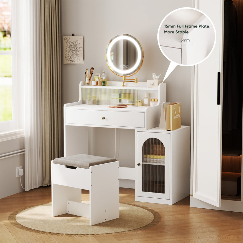 Bureau de coiffeuse avec miroir pivotant à 360 ° et lumières réglables