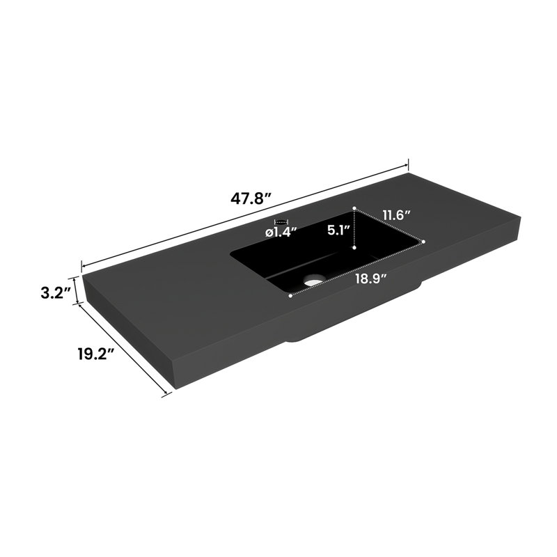 BB02-48-109H, cuve à quartz intégrée SANS drain et robinet, couleur noir mat