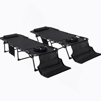 Outsunny 2 Piece Folding Chaise Lounge With 5-Level Reclining Back, Outdoor Tanning Chair With Reading Face Hole And Side Pocket, Ideal For Beach, Yard, And Patio