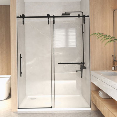 Porte de baignoire coulissante sans cadre avec verre trempé transparent et acier inoxydable, noir mat, 50-54 /