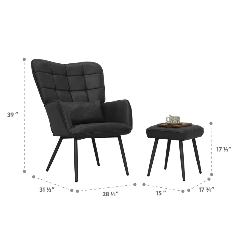 Chaise avec accoudoirs larges 28 po avec tabouret Lakara, Similicuir noir