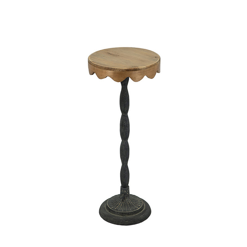 Black Iron Side Table with Scalloped Brown Wooden Top, 25.4" H x 10.4" W x 10.4" D