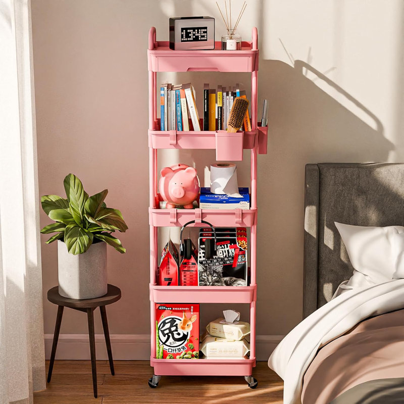 Chariot de rangement à roulettes à 5 niveaux avec roulettes, organisateur multifonctionnel avec tiroir, paniers et crochets pour la salle de bain, la cuisine, la salle de lavage, le bureau et la maison