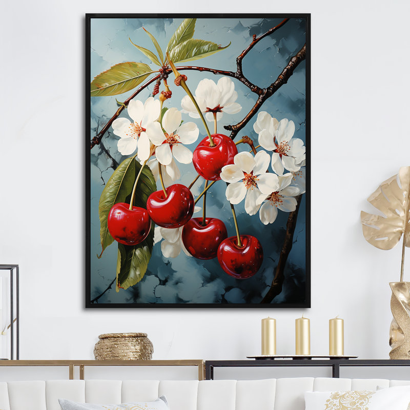 «Chuckling Cherry Charm I», art mural sur toile_105729, Cadre flottant noir, H 44 po x l 34 po x P 1,5 po