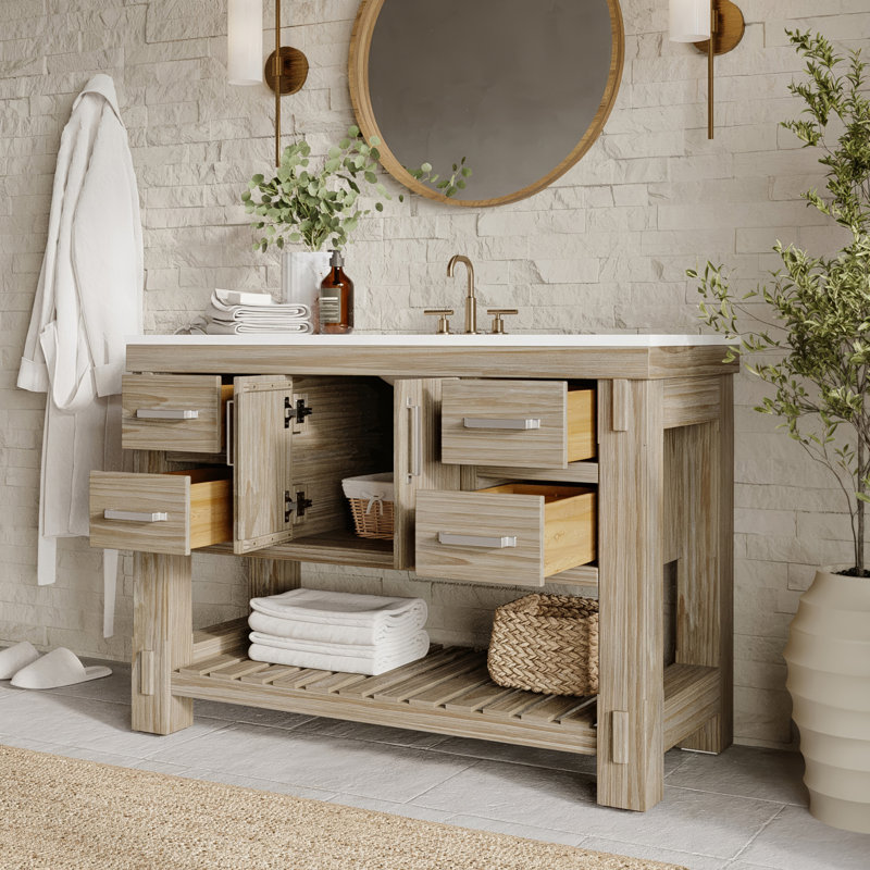 Meuble-lavabo simple 48 po avec plateau en quartz Bromley, Pin blanchi