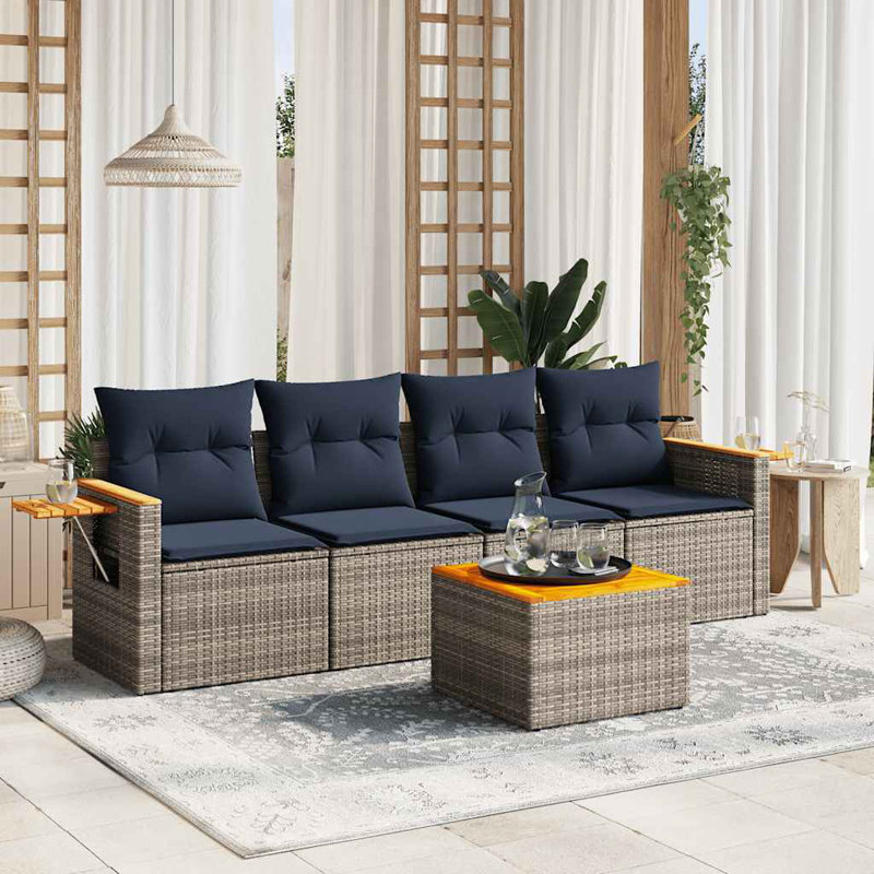  5 Piece Patio Sofa Set With Cushions Grey Poly Rattan (US Only)