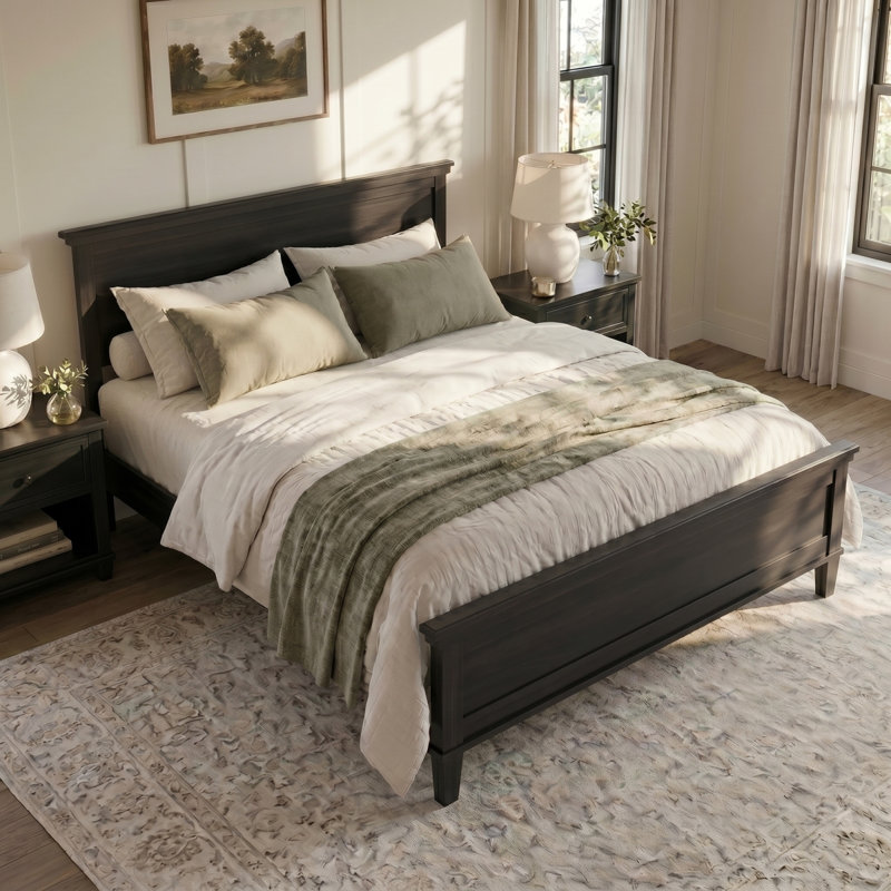 Lit plateforme en bois de style Mid-Century, cadre de lit de style campagnard avec tête de lit et support à lattes de bois, aucun sommier nécessaire, pleine grandeur, noir anthracite