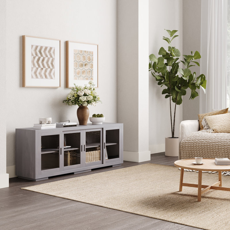 66'' W TV Stand With Adjustable Shelves And Glass Doors, Gray