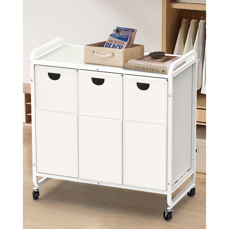 Panier à linge roulant à 3 compartiments avec sacs en tissu Oxford amovibles et tablette en bois, blanc
