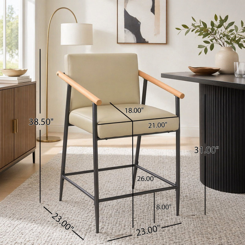 Ensemble de 2 tabourets de comptoir de style moderne Mid-Century avec structure en métal et accoudoirs en bois