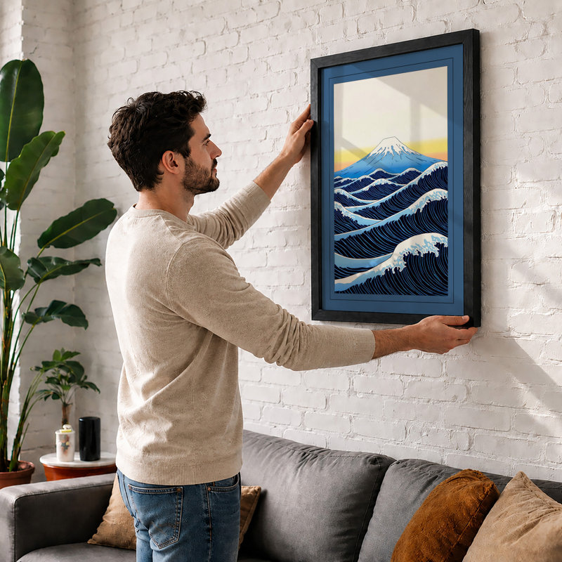 Mount Fuji and Waves Japandi - Framed Print, A1 - 84.1 x 59.4 cm, Black